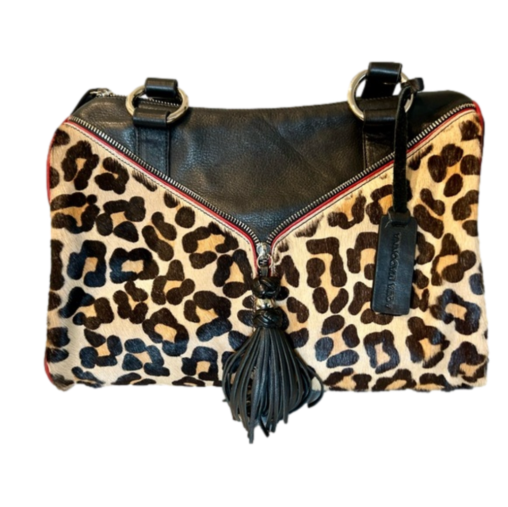 NWOT Aqua Madonna Black Calf Leather Hair Leopard Zipper Tassle